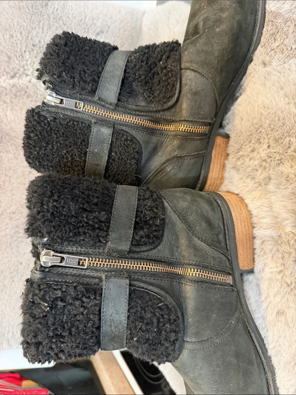 Black Shearling Cuff Leather Boots Ugg
